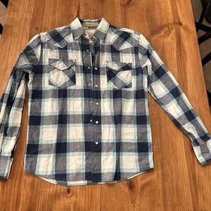 Ditch Plains Mens Pearl Snap Shirt Size M Blue Plaid Western Cowboy Rodeo